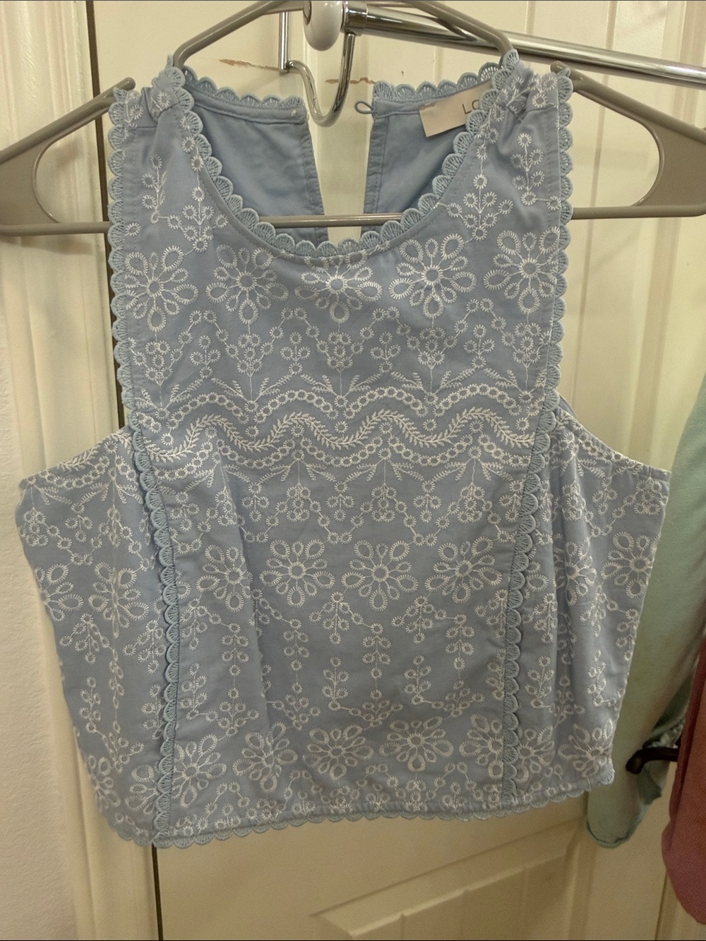 LOFT Light Blue Embroidered Scallop Halter Camisole